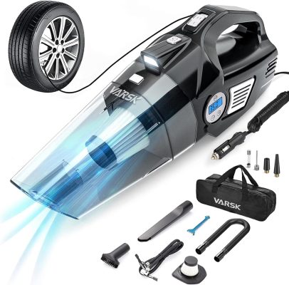 VARSK 4-in-1 Car Vacuum Cleaner High Power, Tire Inflator Portable Car Vacuum with Digital Tire Pressure Gauge LCD Display and LED Light, 12V DC, 15FT Cord, Essential Accessories for Men Women