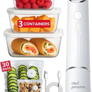 Chef Preserve Compact Vacuum Sealer for Food (Vacuum Sealer Machine + 3 Glass Vacuum Containers + 30 Reusable Vacuum Bags) Powerful Handheld Vacuum Seal Machine, Seal Meal Saver, Portable Food Sealer